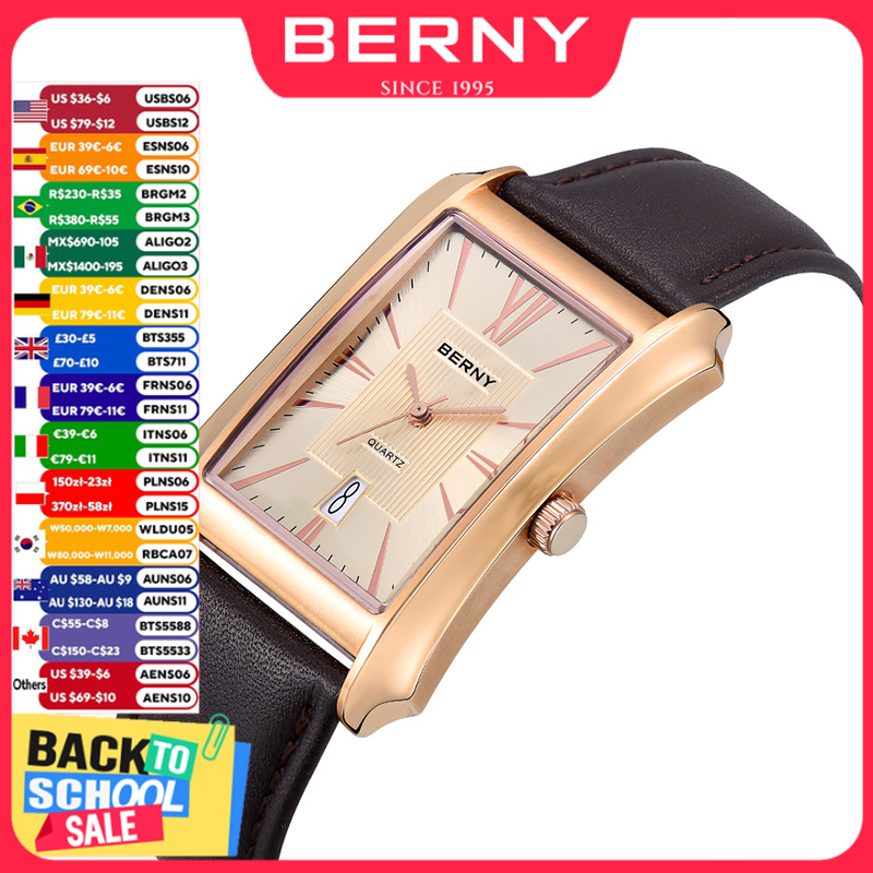 BERNY Men rettangolo orologio  - Leather Watch Band Men recensione e prezzo